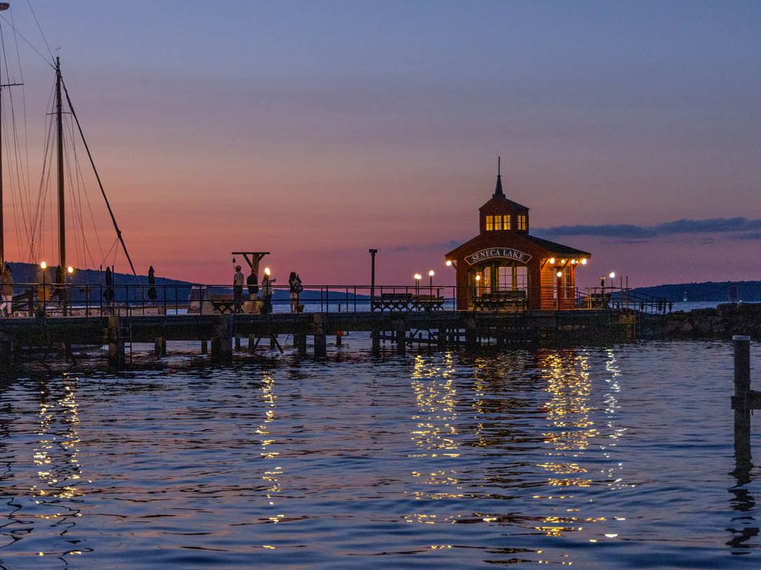 A picture of the Seneca Lake pier and pavilion during a gorgeous sunset