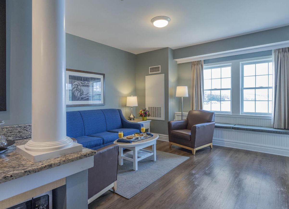The living room in a Lake View Suite at the Watkins Glen Harbor Hotel