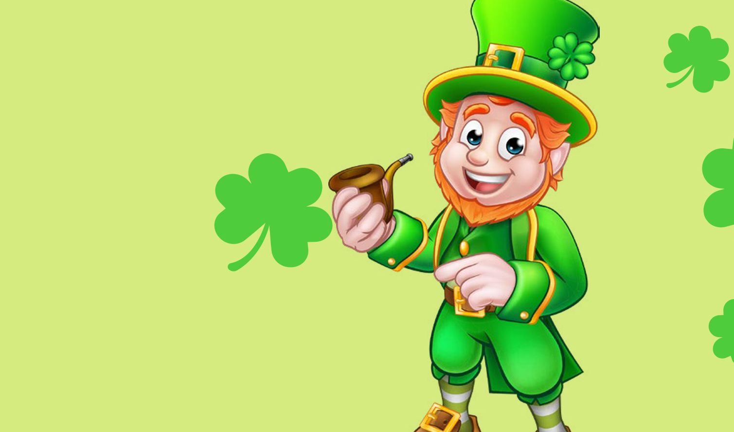 A cartoon leprechaun smiles with clovers decorated in the background
