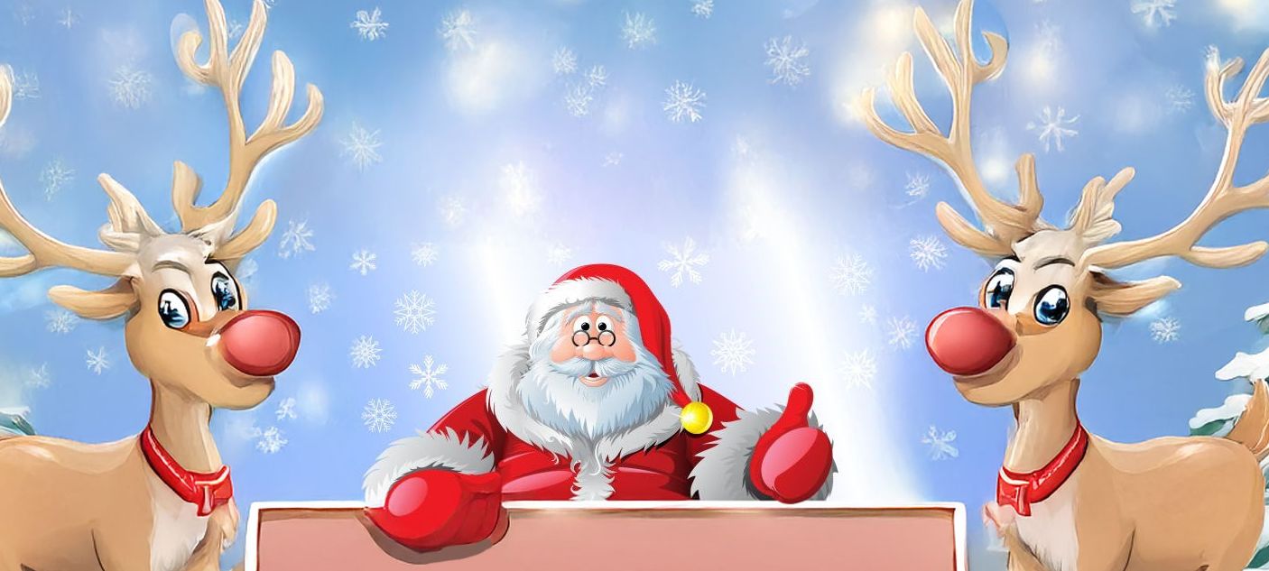 A cartoon Santa with Reindeer