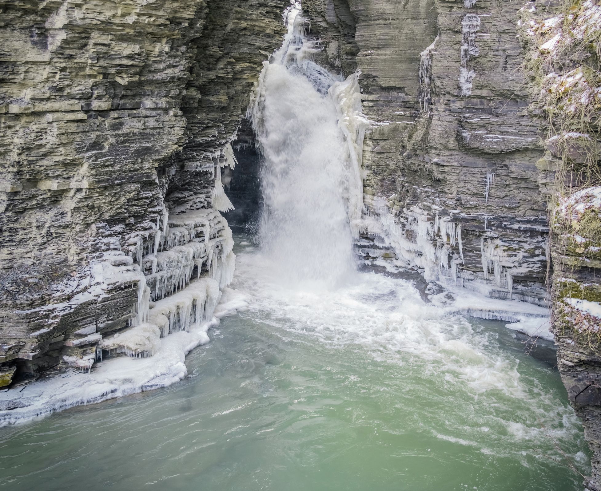 Watkins Glen State Park with ice-tinged waterfalls during wintertime